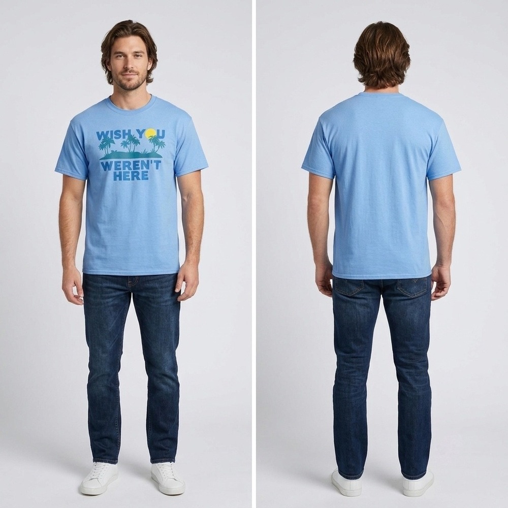 Mad Engine Graphic T-Shirt Men's XL Pastel Blue Tropical "Wish You Weren't Here"